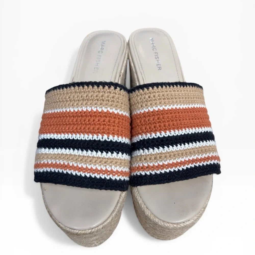 Marc Fisher Lannia Striped Crochet Espadrille Wedge Platform Shoe Size 10